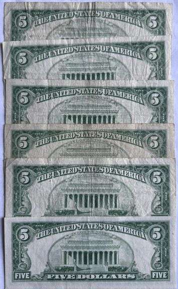 Six 1963 Circulated $5 Red Seal US Notes