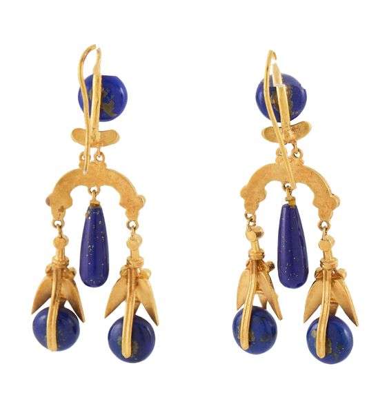 Vintage Seed Pearls and Blue Lapis Dangle Earrings in 10K