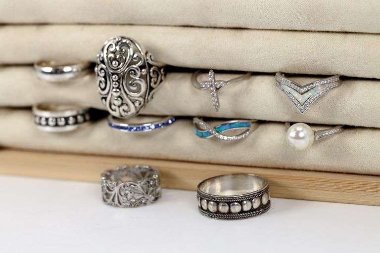 Sterling Silver .925 Curated Lot of 10 Rings Various Sizes & Styles