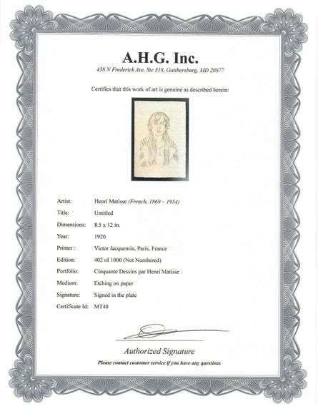 Very rare Henri Matisse etching signed in the plate, C.1920, from the series of Cinquante Dessins