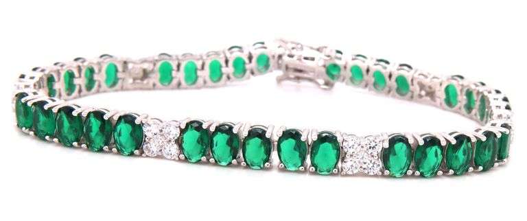 925 Sterling silver oval green cubic zirconia and round white cubic zirconia tennis bracelet