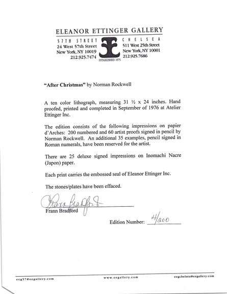 Exclusive Norman Rockwell Signed Limited Edition Lithograph "After Christmas" with Pubilshers Certif