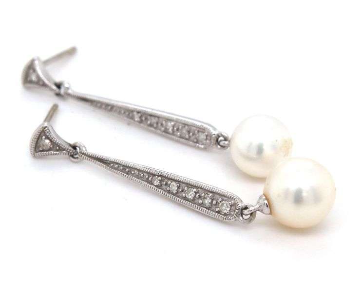 14kt White gold Vintage style Milgrain pearl and diamond accent dangle earrings
