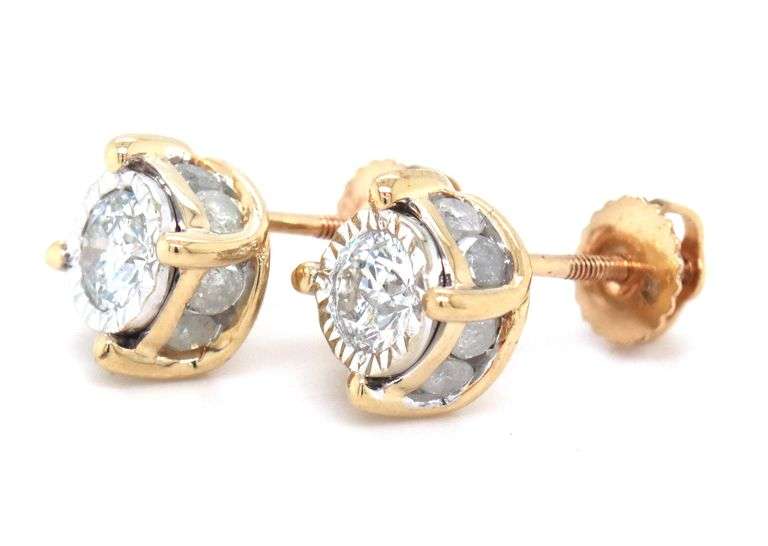14kt Yellow gold 1ctw diamond stud earrings w channel around base earrings