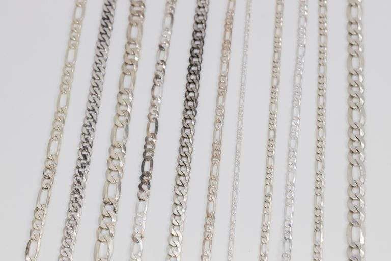 Sterling Silver - Italy Stamped - Curb / Figaro Mixed Lot - 11 Chains - 4.7mm to 10mm Wide - Mixed L