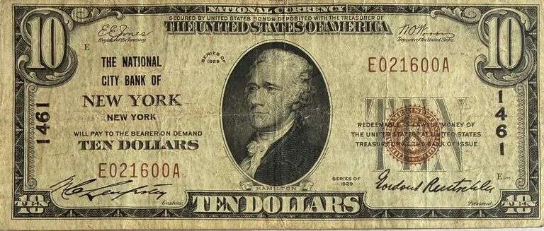 $10 National City Bank NY National Currency1929 Brown Seal Note