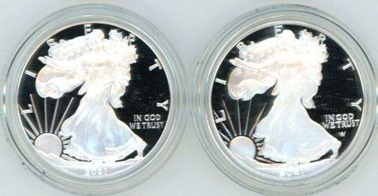 2 Diff. 2021-W Gem Ultra Cameo PRF $1 Silver Eagles. Box/COA