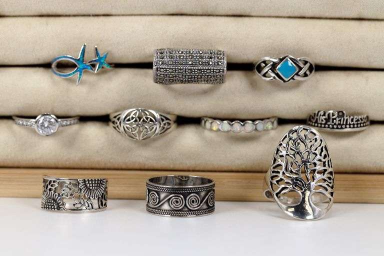 Sterling Silver .925 Curated Lot of 10 Rings Various Sizes & Styles