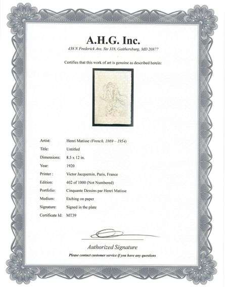 Very rare Henri Matisse etching signed in the plate, C.1920, from the series of Cinquante Dessins