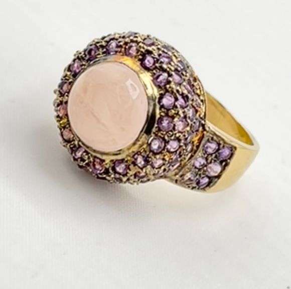 14KT Yellow Gold Cabochon Rose Quartz Center Stone Surrounded By Amethyst Halo Ring