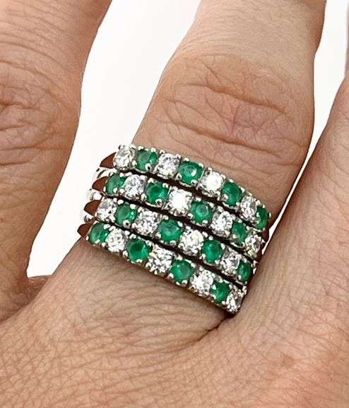 925 Sterling Silver Emerald Color And CZ Attached Row Band Ring
