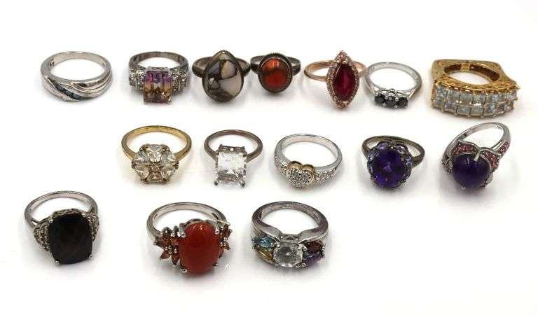 Group lot of 15 vintage 925 sterling silver gemstone rings