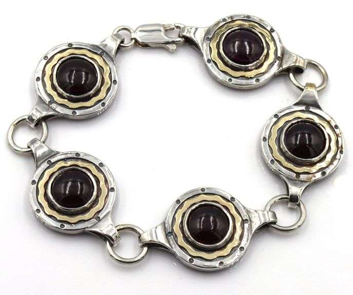 925 Sterling silver Garnet Cab 2 tone bracelet