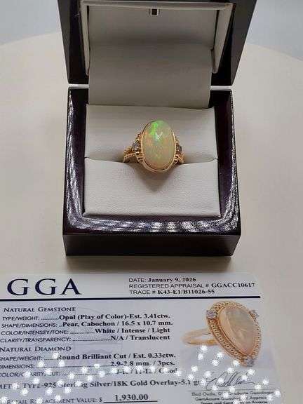 Very fine one Cabochon Pear Opal ring in silver 14k gold plated with diamond accent, 3.41 CTW