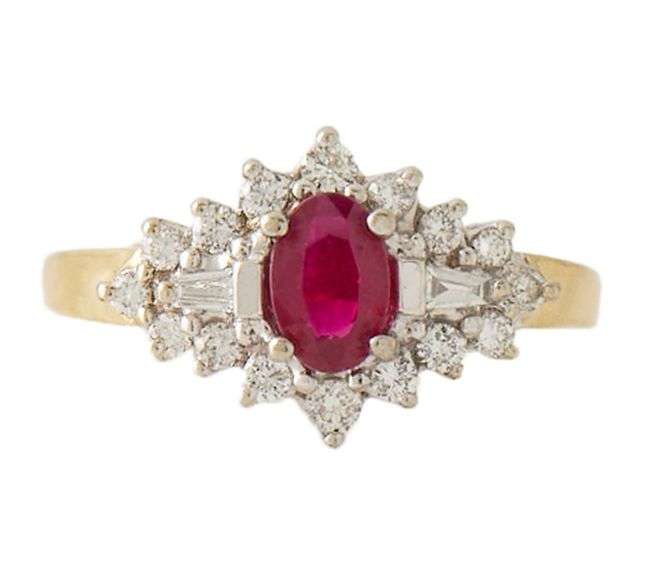 0.60ct Oval Ruby and 0.35ctw Baguette Round Diamond Starburst Frame Ring in 14K