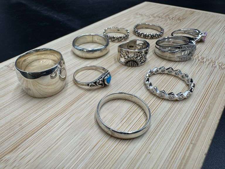 .925 Sterling Silver Curated Ring Lot of 10 Rings Various Sizes & Styles