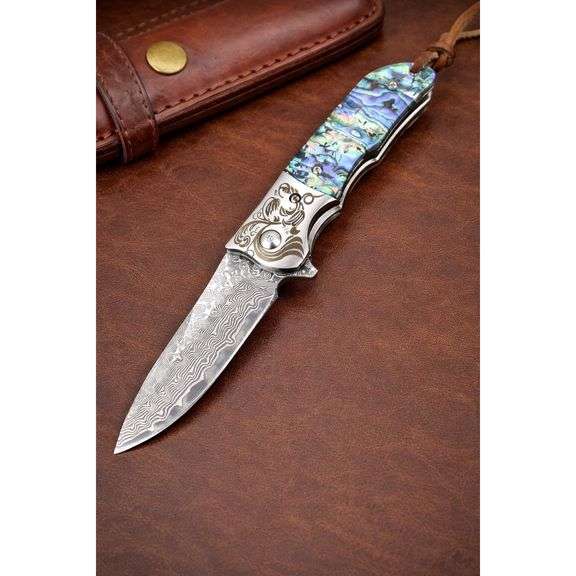 Damascus Steel Folding Pocket Knife with Abalone Handle
