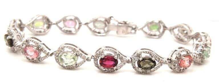 Darling 6.08CTW Oval Faceted Multi-Colored Tourmaline & Diamond Bracelet in 14K White Gold Over Ster