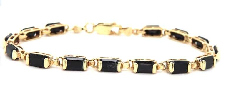 14kt Yellow gold emerald cut black onyx station bracelet
