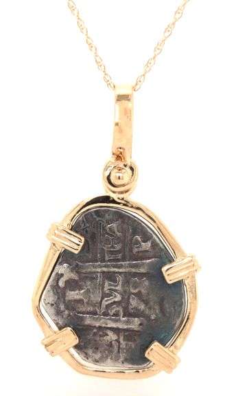 Reproduction Atosha Sunken Treasure coin with gold bezel pendant on chain