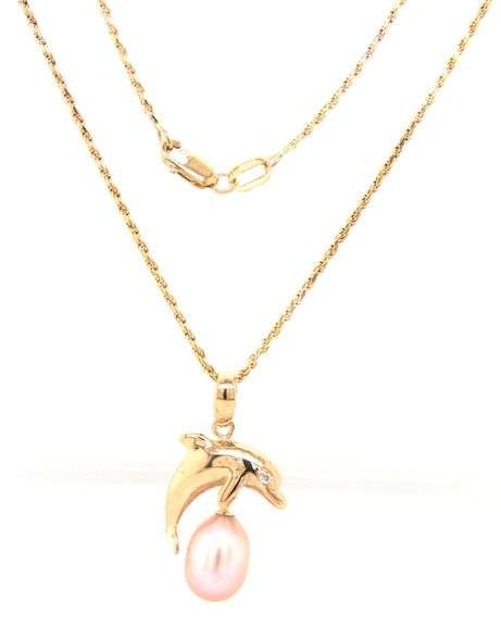 14kt Yellow gold Wyland Dolphine 8mm pink pearl diamond eye pendant on rope chain