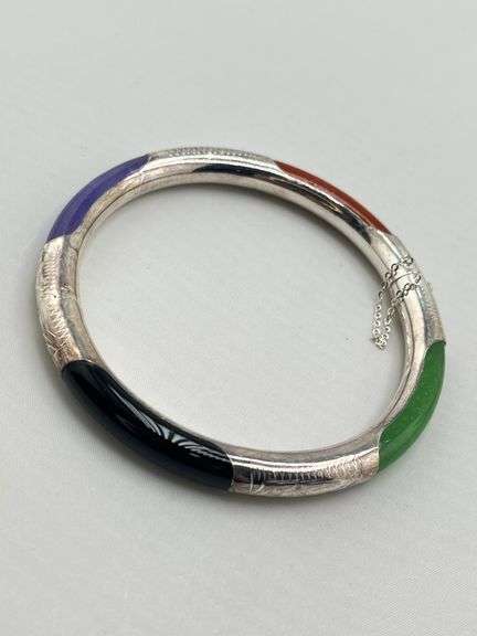 925 Sterling Silver Kwan Collection Hinged Bangle With Multi Color Jade Detail