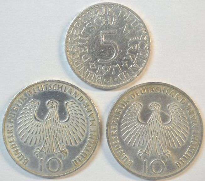 1971 Silver German 5 Mark & 2 1972 Olympic German Silver 10 Marks