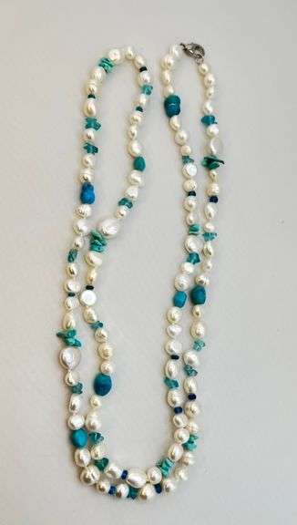925 Sterling Silver Long Honora Pearl And Turquoise Necklace