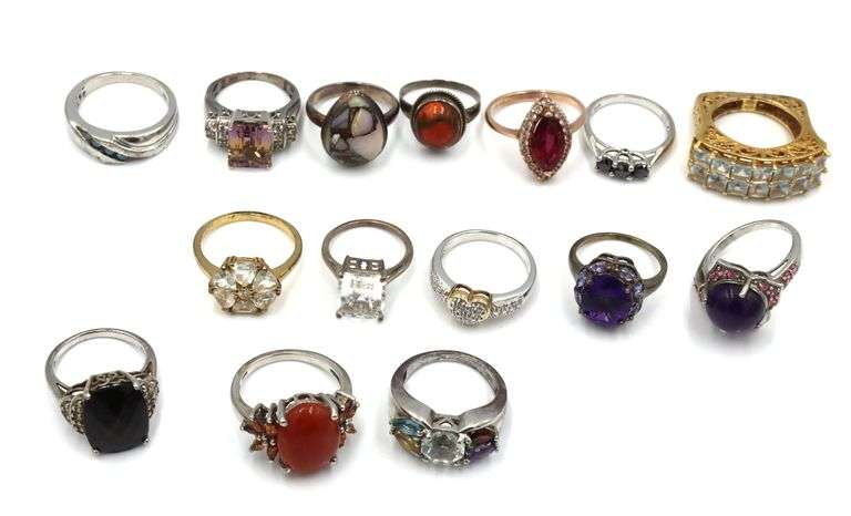 Group lot of 15 vintage 925 sterling silver gemstone rings