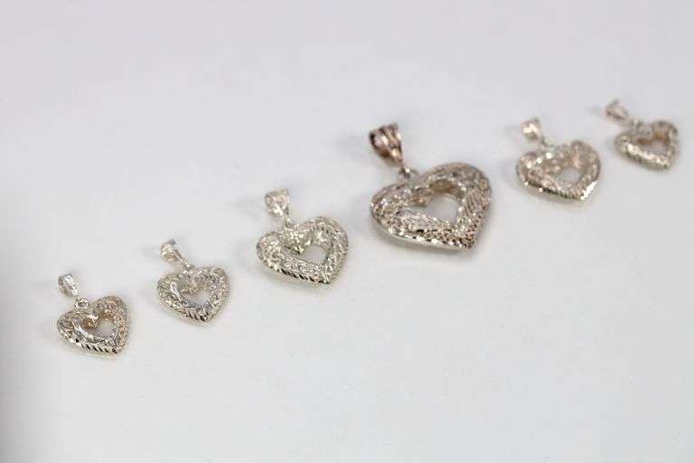 Sterling Silver Vintage Heart Pendant Assortment Various Sizes & Styles (6 Pendant Lot)