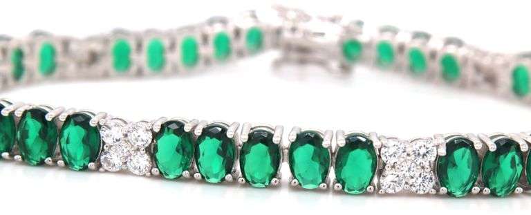 925 Sterling silver oval green cubic zirconia and round white cubic zirconia tennis bracelet