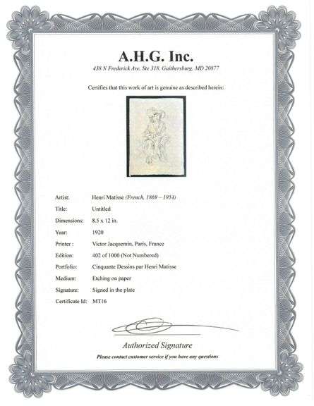 Very rare Henri Matisse etching signed in the plate, C.1920, from the series of Cinquante Dessins