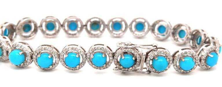 Awesome 10.00CTW Round Cabochon-Cut Turquoise & Diamonds in 14K White Gold Over Sterling Silver