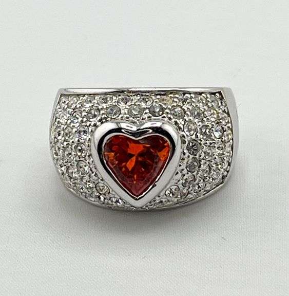925 Sterling Silver Heart Shape Mandarin Garnet Surrounding With Full CZ Ring.