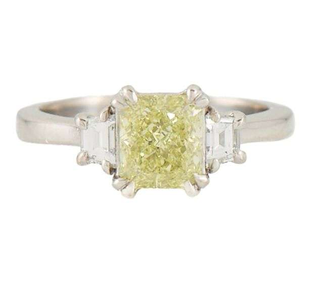 1.79ctw Radiant and Trapezoid Diamond Three Stone Engagement Ring in Platinum