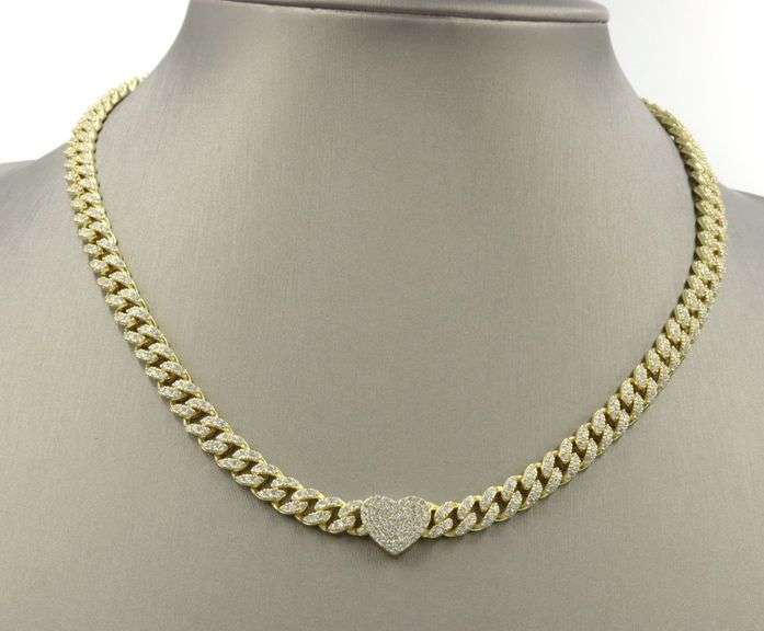 925 Sterling silver Cuban chain cubic zirconia necklace with heart shaped pendant
