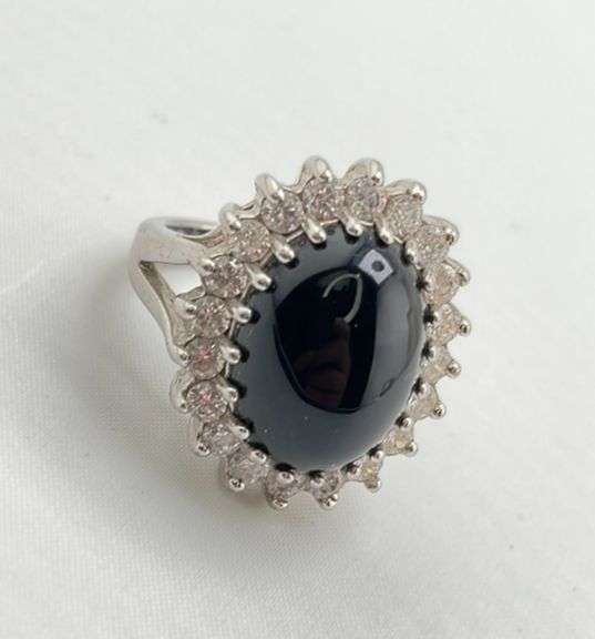 925 Sterling Silver Large Black Onyx With CZ Halo Ring