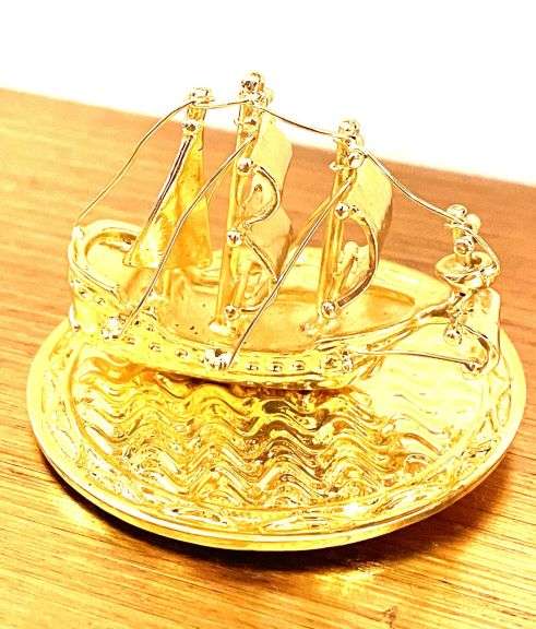 HANDMADE Fabergé-Style Globe Egg Trinket Box – 24K Gold Decor, Austrian Crystal, Sailboat & Twin Fis