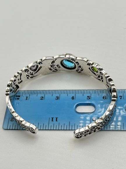 925 Sterling Silver Filigree Design Multi Volor Gemstone Cuff Bracelet