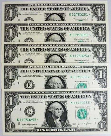 (5) Superb Crisp $1 2021 Star Replacement Notes Dallas-Consecutive!