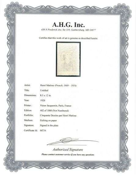 Very rare Henri Matisse etching signed in the plate, C.1920, from the series of Cinquante Dessins