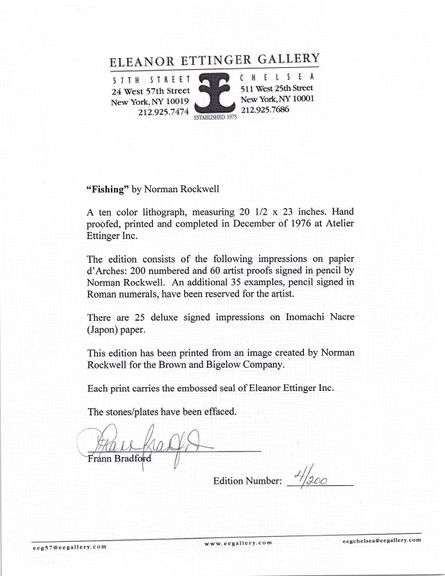 Exclusive Norman Rockwell Signed Limited Edition Lithograph "Fishing" with Pubilshers Certificate