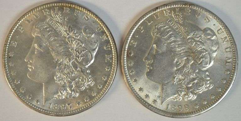 Gem BU 1897 & near Gem BU 1899-O Morgan Silver Dollars