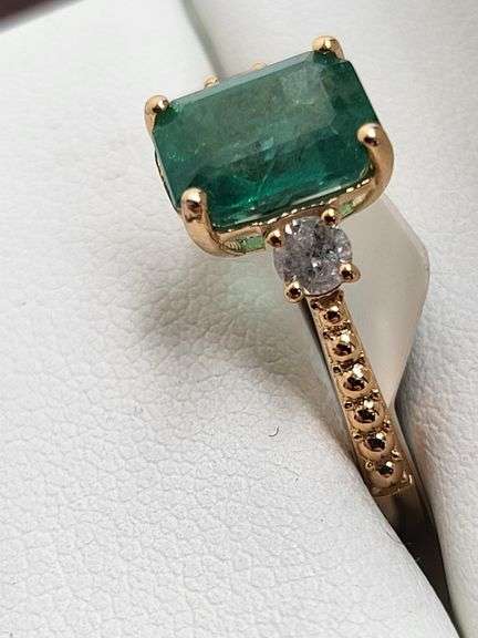 Very fine one Emerald ring in silver 14k gold plated with diamond accent