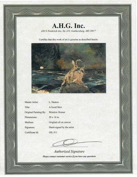 Highly Collectible After Winslow Homer One of a kind oil on Canvas signed by the artist, A Good Shot