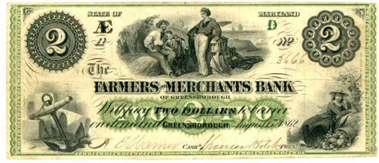 Scarce 1862 $2 Farmers & Merchants Bank Greensborough GA Obsolete Note (GA-58.1.4)