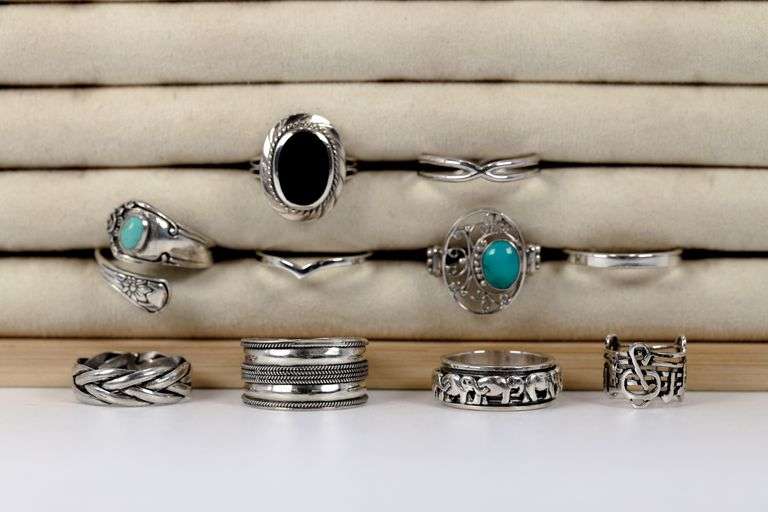 Sterling Silver .925 Curated Lot of 10 Rings Various Sizes & Styles