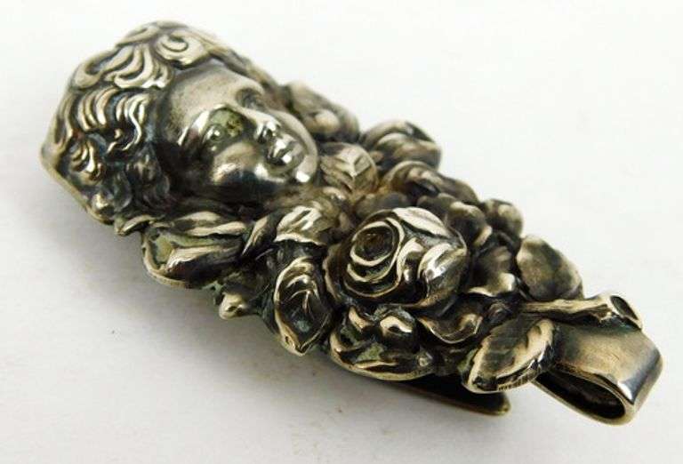 Antique Sterling Silver Chatelaine Clip - Girl with Roses