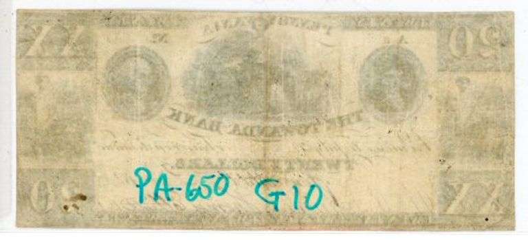 Very Scarce 1835 $20 Towanda Bank Pennsylvania Obsolete Banknote PA-650 G10 Pre-Civil War