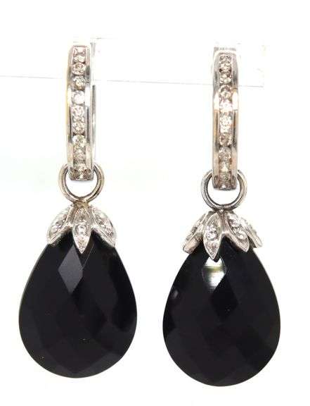 14kt White gold channel set diamond hoop with black onyx teardrop earring jacket